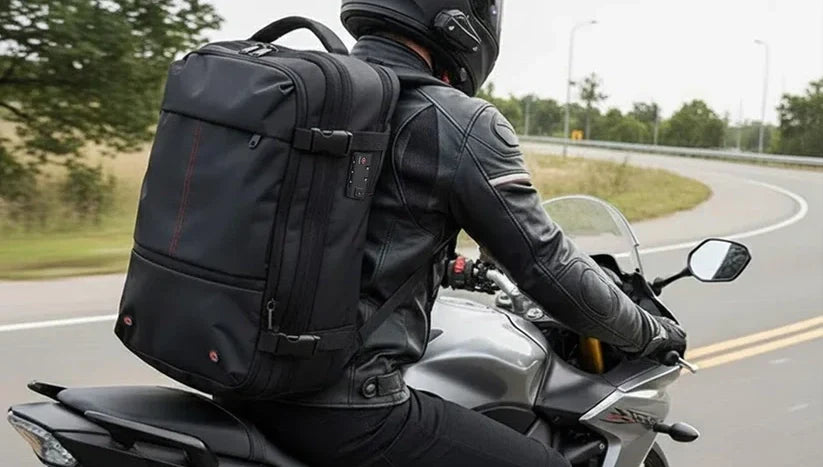 Motorcycle rider using a waterproof cycling backpack