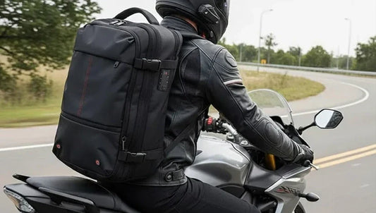 Motorcycle rider using a waterproof cycling backpack
