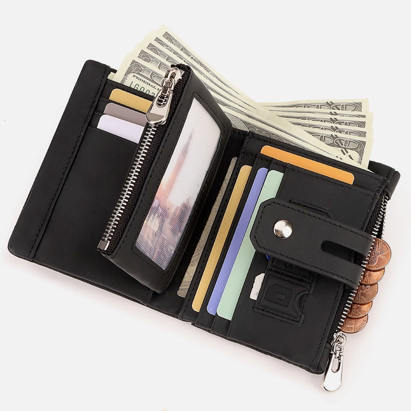 Compact RFID wallet with zipper pocket and hidden card slots
