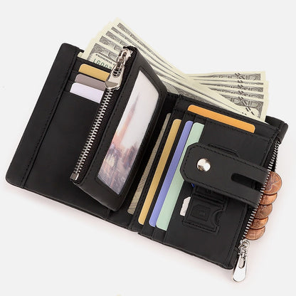 Compact RFID wallet with zipper pocket and hidden card slots