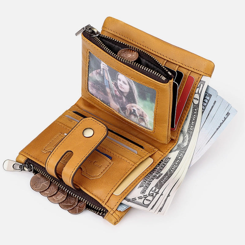 Compact anti-theft wallet with metal zipper and ID window