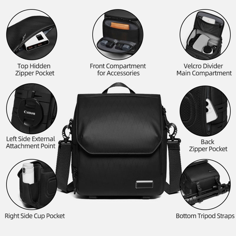 Lightweight crossbody mini camera bag with padded interior and adjustable strap