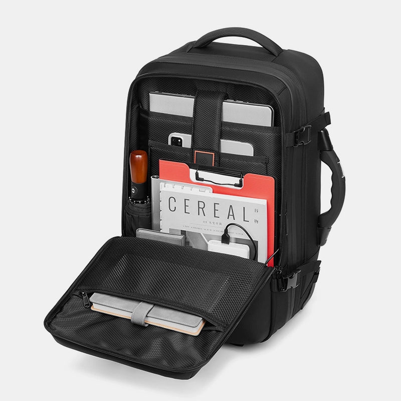 Expandable waterproof backpack with separate laptop and shoe compartment