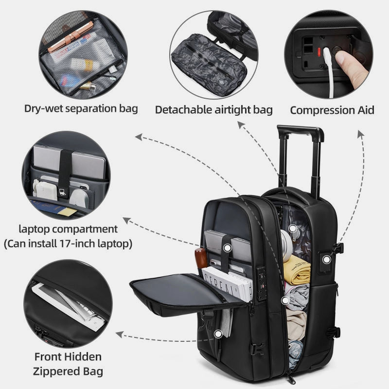Smart waterproof travel backpack with built-in air valve and USB charging port