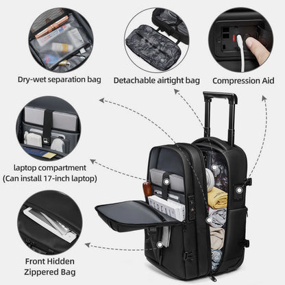 Smart waterproof travel backpack with built-in air valve and USB charging port