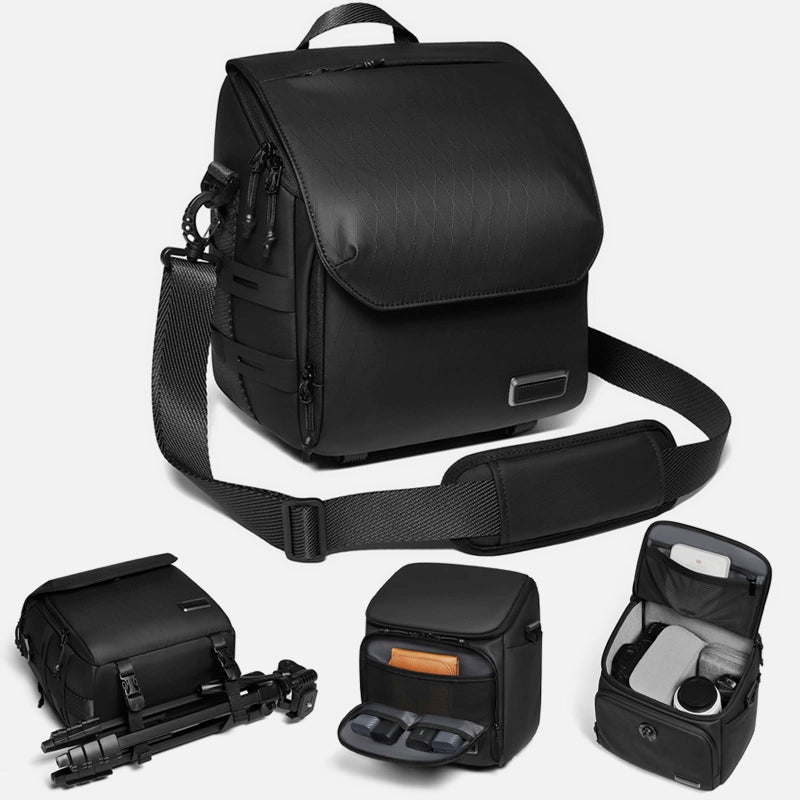 Durable small camera bag with multiple pockets and secure zipper closure