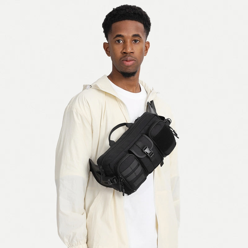 Outdoor running waist pack with waterproof fabric and reflective safety strips for night joggers