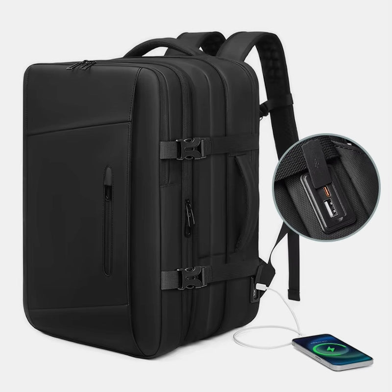 Expandable travel backpack with vacuum compression and TSA-approved design