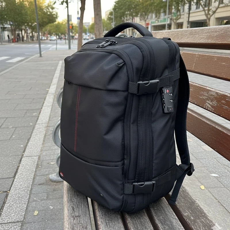 vacuum-compression backpack—triples packing space, waterproof shell, TSA lock, USB passthrough, 17″ laptop pocket, fits most airline carry-ons.