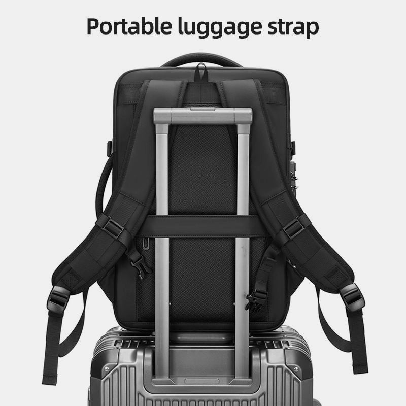 Cabin-size travel backpack that saves baggage fees with vacuum storage system